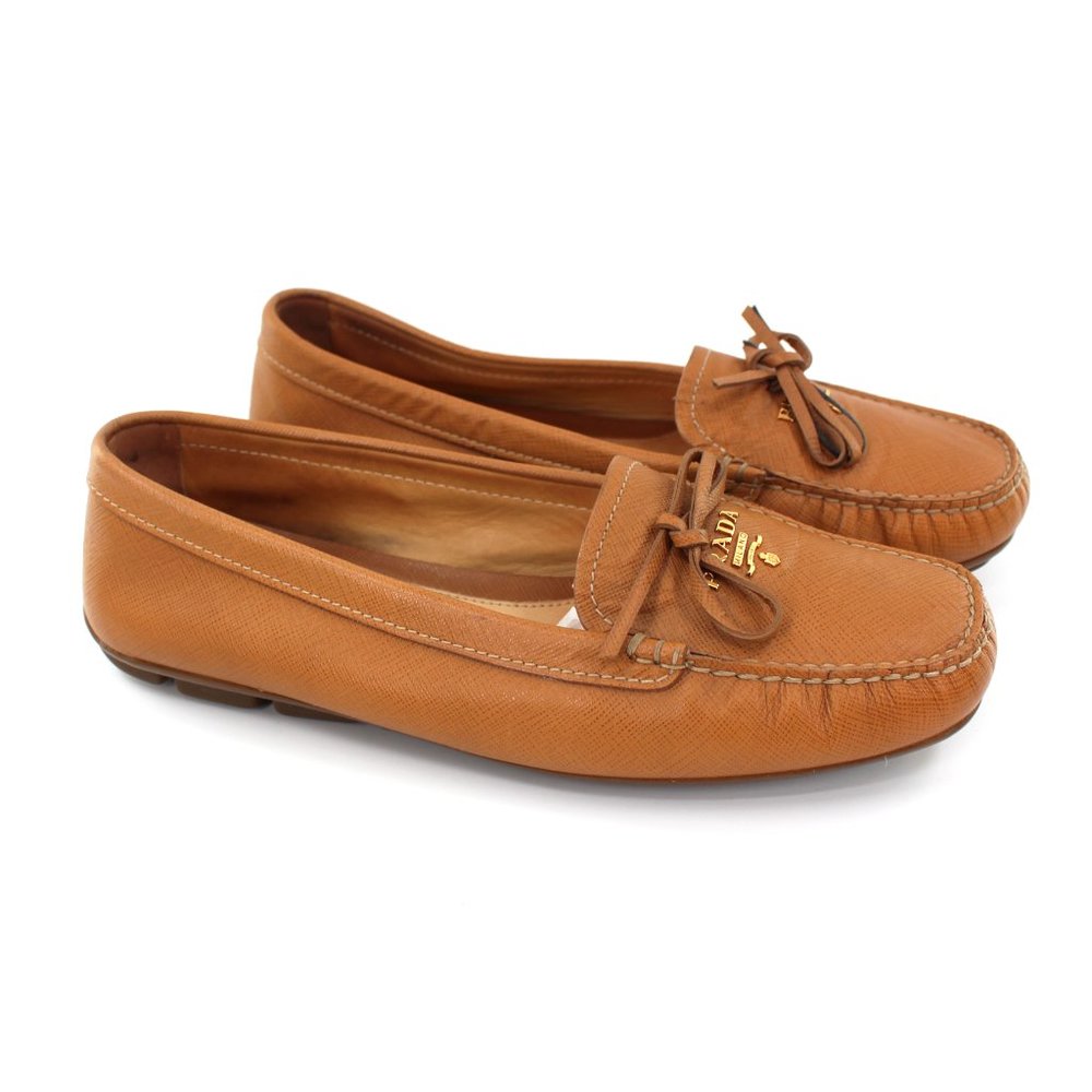 Prada Camel Tan Saffiano Leather Moccasin Loafers Driving Shoe Tie Logo 39.5